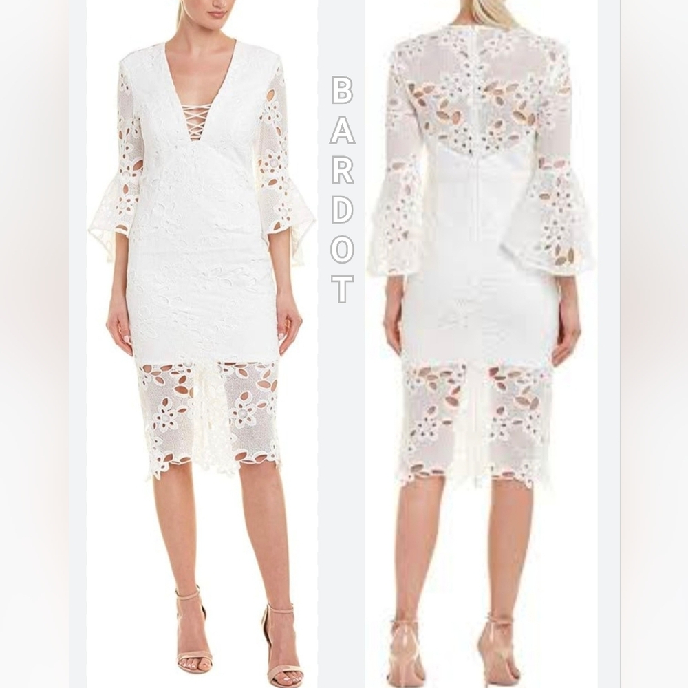 Bardot White Lace Floral Crochet Bell Sleeve Dress Size 8/M
